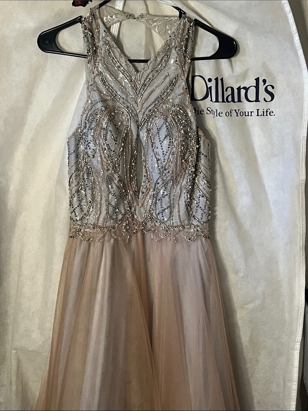 Glamour Champagne Beaded Illusion Bodice Tulle Gown